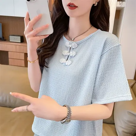 蕾丝纽扣短袖t恤女2025新款夏季韩版宽松设计感小众百搭半袖上衣图片