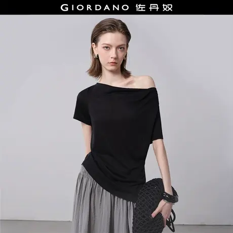 设计师款佐丹奴荡领T恤女夏新款时髦不对称下摆短袖T恤女18325915图片