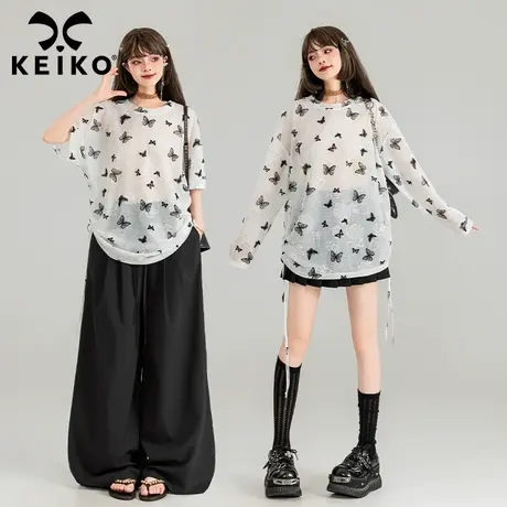KEIKO 花影蝶纹白色长袖t恤女25春夏设计感抽绳收腰宽松网纱上衣图片
