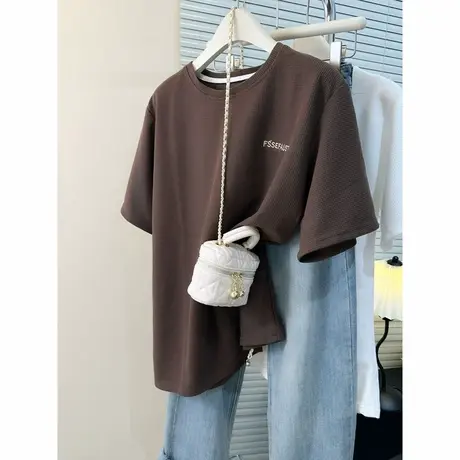 华夫格刺绣短袖t恤女2025新款爆款夏季宽松显瘦半袖港味chic上衣商品大图