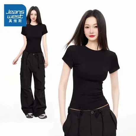 KMV真维斯黑色短袖t恤女2025夏季新款圆领紧身半袖小个子短款上衣商品大图