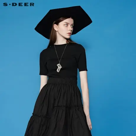 sdeer圣迪奥夏装罗纹圆领修身弹性黑色针织衫女S20263501图片