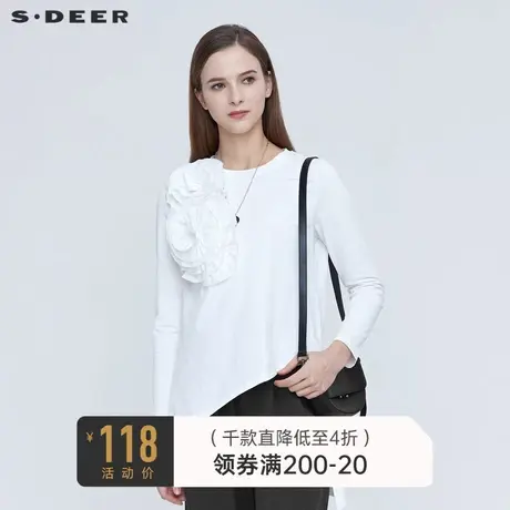 sdeer圣迪奥女装秋装休闲圆领立体花朵不规则长袖T恤S21180213图片