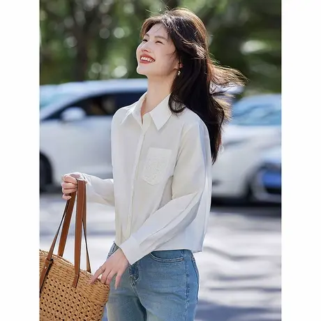 时尚气质长袖衬衫2025年春季新款女纯色百搭短款小个子通勤上衣商品大图