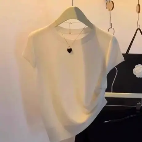 冰丝针织衫正肩短袖T恤女夏季薄款韩系设计感小众显瘦小飞袖上衣图片