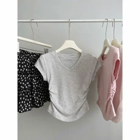 法式复古纯欲风短袖T恤女夏季修身韩版短款褶皱收腰V领正肩上衣潮商品大图