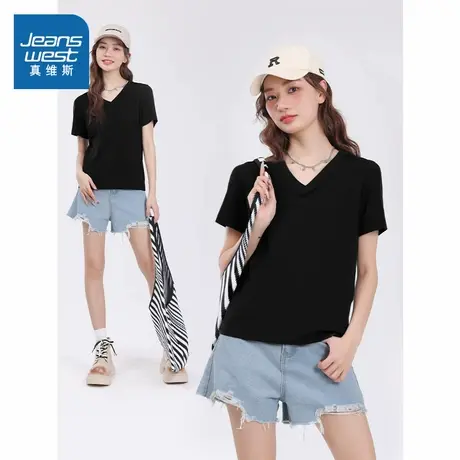 JR真维斯黑色短袖t恤女款夏季韩版chic宽松显瘦休闲基础内搭上衣商品大图