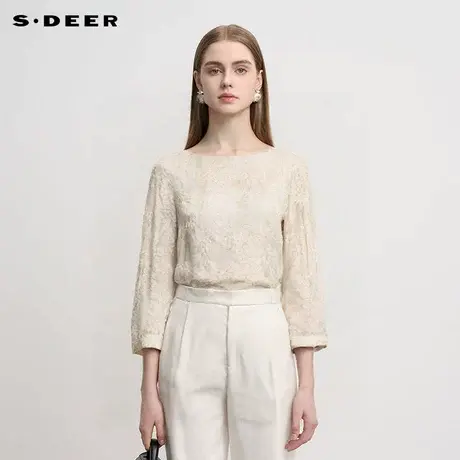 sdeer圣迪奥女装25年新品田园风圆领印花喇叭袖上衣S252Z3225图片