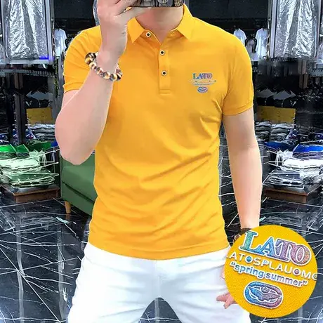 半袖上衣男士短袖轻奢夏季新款Polo衫舒适透气合身型简欧男装黄色图片