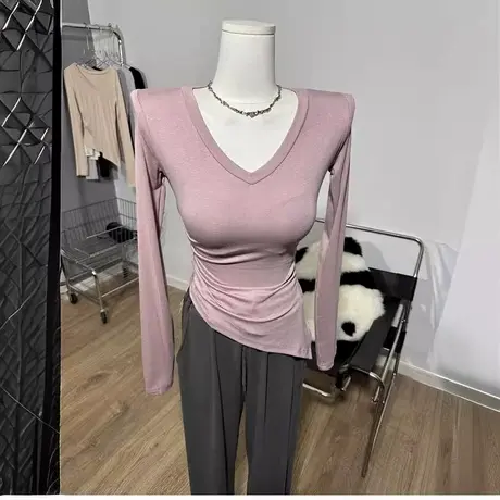 韩系穿搭～ V领褶皱开叉长袖T恤修身打底衫上衣女装图片