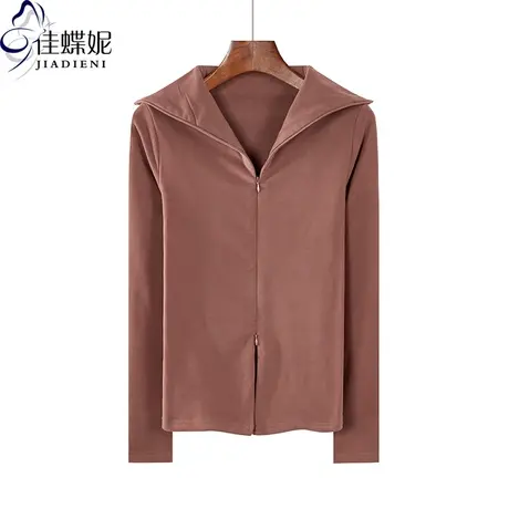 春秋季新款韩版高领双拉链修身德绒长袖体恤上衣内搭女装开衫外套图片