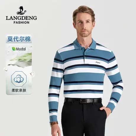 [含莫代尔]长袖T恤男士浪登2025春秋条纹亲肤舒适翻领POLO衫男商品大图