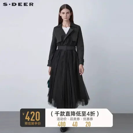 sdeer圣迪奥女装春秋休闲翻领网纱拼接收腰长款外套风衣S21181819🚂商品大图