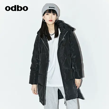 odbo/欧迪比欧高端黑色白鸭绒连帽羽绒服冬季女中长款外套商品大图