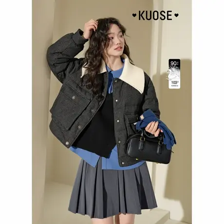 阔色黑色翻领羽绒服拼接针织外套女24秋冬新款设计感宽松短款大衣商品大图