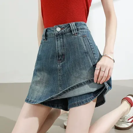 复古假两件牛仔裤裙女夏季薄款高腰a字防走光复古短裤辣妹包臀裙商品大图