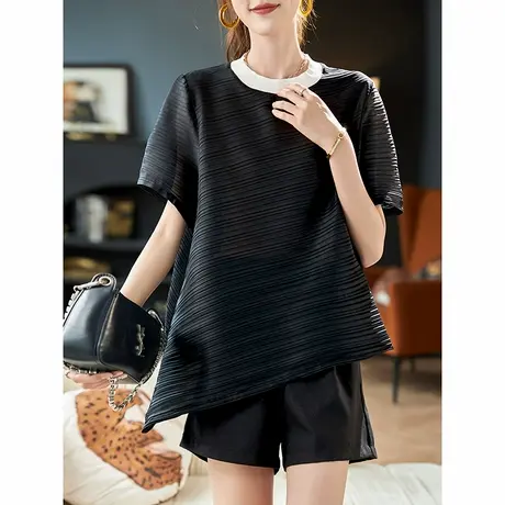 宝诗黎圆领宽松条纹短袖T恤女2025夏季设计感不规则黑色休闲上衣商品大图