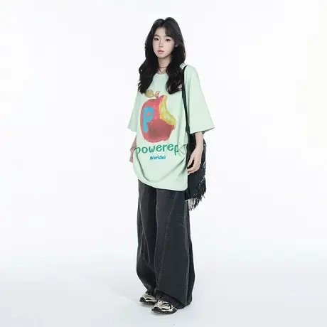 YEP2025夏季新款苹果印花短袖T恤女情侣款宽松美式ins街头风上衣图片