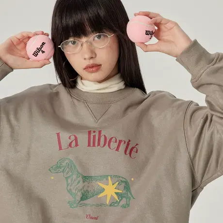 omont蛋挞家 腊肠狗印花圆领卫衣2025春季设计感宽松休闲显瘦上衣商品大图