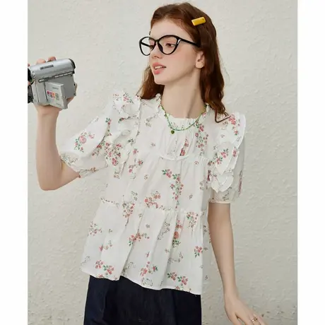 a02【100%棉】飞边袖碎花气质女式衬衫夏季小清新上衣商品大图