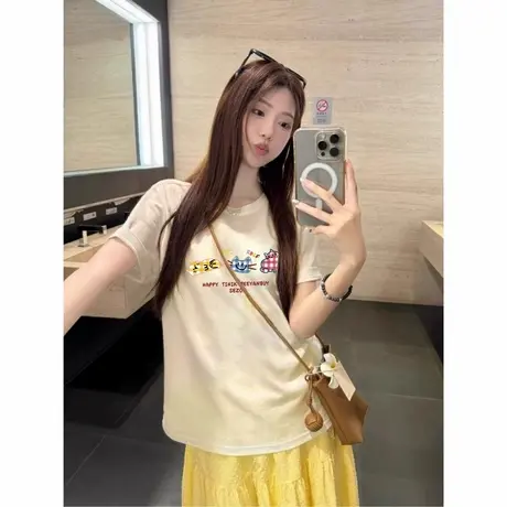 爆款小个子美式奶杏色短袖t恤女新款夏季多巴胺宽松显瘦半袖上衣商品大图