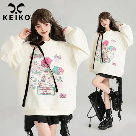 KEIKO 鬼马少女感印花圆领卫衣女2025春季设计感挖空系带棉质上衣商品大图