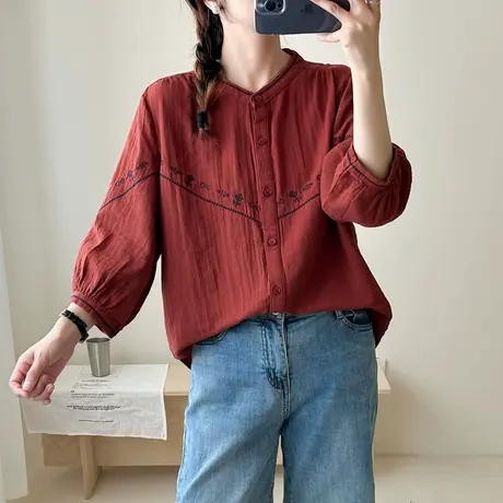 夏季新款韩版V型绣花柔软双层棉纱七分袖衬衫女显瘦开衫中袖上衣商品大图