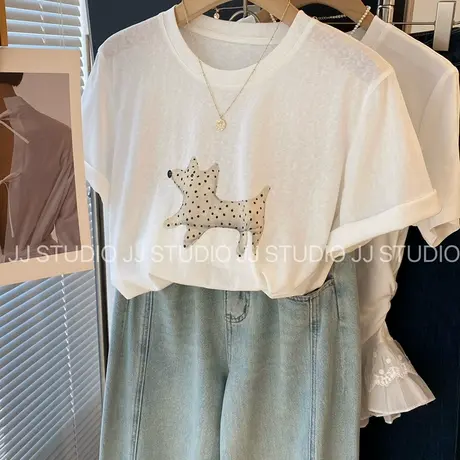 凉感雪花棉 韩国东大门可爱斑点狗印花宽松白色短袖T恤女半袖上衣图片
