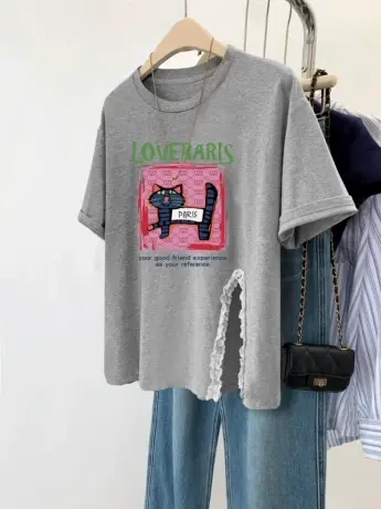 灰色开叉不规则正肩短袖t恤女夏季oversize宽松大码设计感上衣潮商品大图