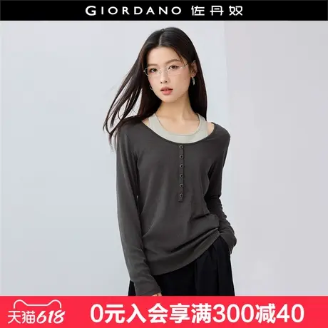 设计师款佐丹奴长袖T恤女新款假两件露肩修身薄圆领上衣18325602图片