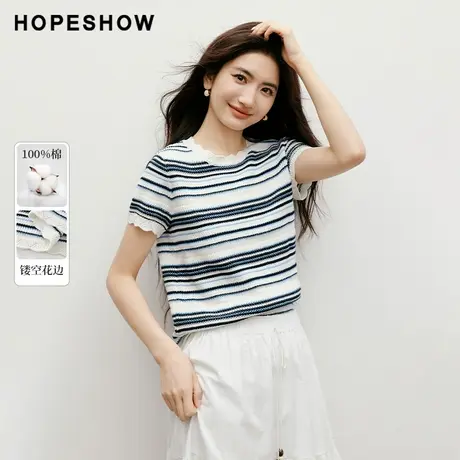 红袖2025秋季新款女装撞色条纹镂空花边正肩短袖圆领针织衫图片