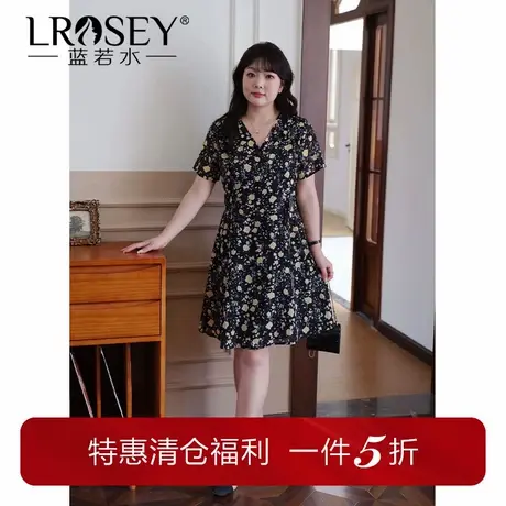 蓝若水大码胖MM夏季新品复古碎花V领小个子遮肚收腰a字雪纺连衣裙商品大图