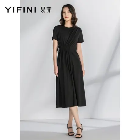 Yifini/易菲高腰显瘦优雅气质法式连衣裙女夏季新款黑色长款商品大图