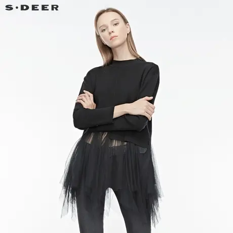 sdeer圣迪奥时尚休闲罗纹圆领网纱拼接开衩下摆长袖针织S194835L2图片