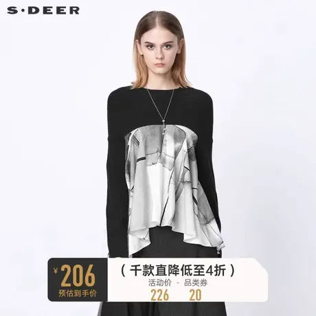sdeer圣迪奥女装春秋装休闲圆领钩花晕染拼接长袖毛衣S21383503图片