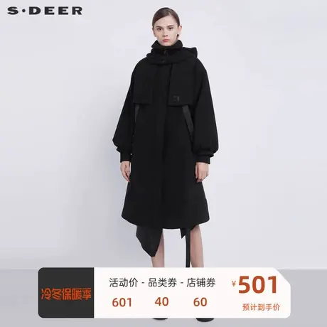 sdeer圣迪奥女装外套高领连帽字母织带开衩黑色长款大衣S21481817图片