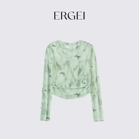 尔给短款扎染独特别致网纱上衣高级感2024新款长袖夏季薄款t恤女商品大图