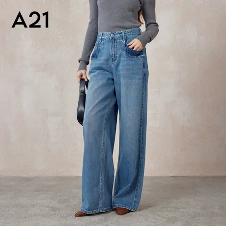 A21女装牛仔高腰长裤春秋季简约复古水洗宽松百搭阔腿裤显高舒适商品大图