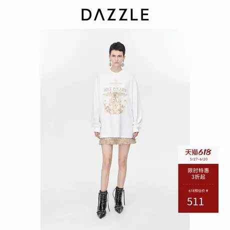 DAZZLE地素奥莱羊毛长袖T恤休闲冬季白色印花上衣女图片