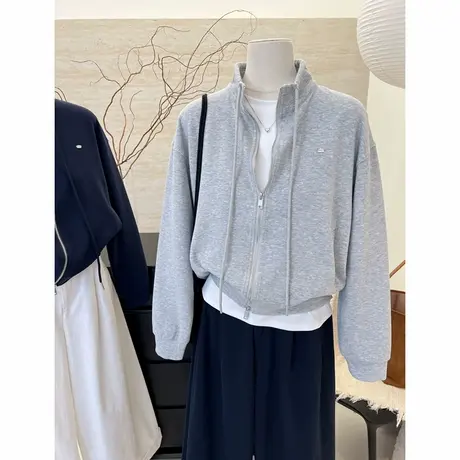 2024秋季新款韩国字母连帽薄款立领抽绳宽松开衫卫衣女薄款外套潮商品大图