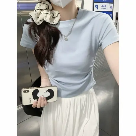 法式纯欲风抽褶收腰短袖T恤女夏季韩版修身显瘦短款小个子上衣潮商品大图