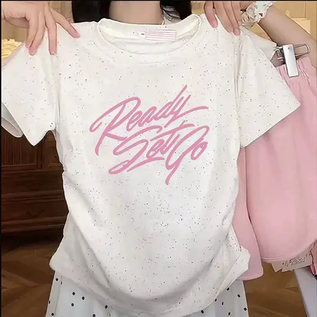 甜妹风印花彩虹波点褶皱收腰短款t恤女夏季新款高腰洋气短袖上衣商品大图