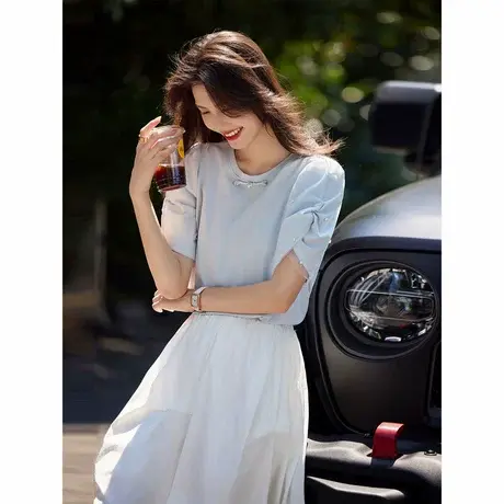 时尚气质短袖T恤2024年夏季新款女休闲简约温柔淑女泡泡袖上衣商品大图