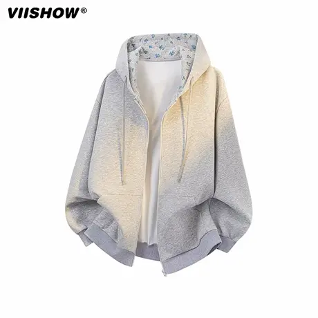 VIISHOW美式高街时尚小碎花撞色拼接慵懒学院风拉链连帽开衫卫衣图片