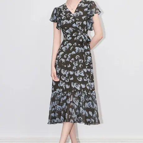 首尚格释2025夏季新品法式复古时尚气质优雅V领收腰长款连衣裙女商品大图