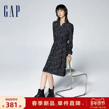 Gap女装2024春季新款蝴蝶结系带碎花泡泡袖收腰连衣裙长裙890019商品大图