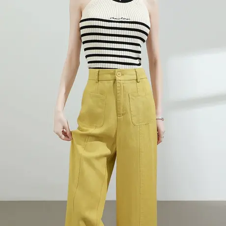 莱赛尔天丝亚麻阔腿裤女夏季薄款高腰宽松休闲垂坠感黄色拖地裤子商品大图