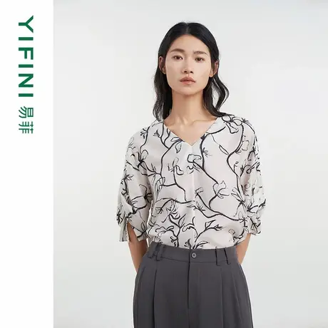 [专柜同款]Yifini/易菲气质V领文艺印花宽松短款套头小衫D04S1427商品大图