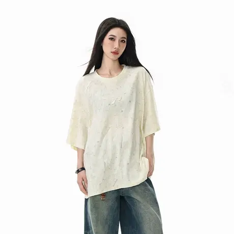 2025新款烧花镂空宽松短袖T恤女复古ins风圆领个性情侣款半袖上衣商品大图