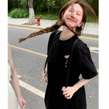 韩系慵懒风小众凯蒂猫印花黑色短袖t恤chic大码女装半袖夏上衣服商品大图